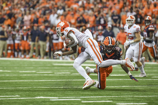 A Clemson wideout breaks a tackle as the Tigers amassed 612 total yards of offense on Saturday. 