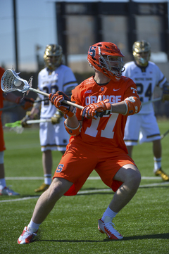 Syracuse midfielder Henry Schoonmaker looks to dish the ball.