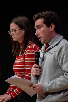 Remembrance Scholar Josh Meyers performs John Lennon’s “Imagine” for the audience. Meyers was accompanied on the tune by another performer, pianist Jessica Hallock.  