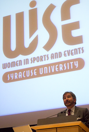 Dennis Deninger, professor of practice, speaks at the WISE Symposium Monday. The event “A Word to the WISE: Testing the Limits,” focused on women in the sports industry and social media.