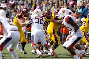 Senior Eric Crume looks to apply pressure on the CMU offense. Crume played in his home state of Michigan for the first time in his collegiate career, and with his family and friends in the crowd, he honored his late grandmother with his dominant play.