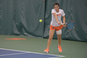 Miranda Ramirez played against a childhood doubles partner, Duke's Meible Chi, on Friday night. 