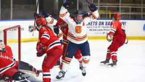 Redshirt senior Brooke Avery celebrates after scoring one of Syracuse's six goals.