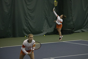 Sonya Treshcheva and Polina Kozyreva won their doubles match 6-3 on Sunday against the Terriers.