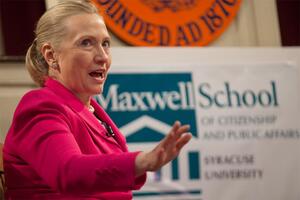 Hillary Clinton, U.S. Secretary of State, speaks to the crowd on foreign policy at Hendricks Chapel on Monday. Clinton participated in a discussion with Maxwell Dean James Steinberg, who worked as Clintons deputy secretary of state before coming to SU in July 2011.