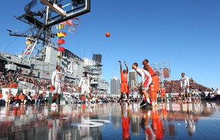 Baye Moussa Keita of the Syracuse Orange shoots a foul shot during the game against the San Diego State Aztecs during the Battle on the Midway game on Sunday.