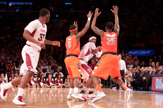 CJ Fair and Rakeem Christmas trap Anthony Lee while he looks for Scootie Randall.