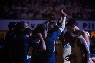 The Pitt Panthers break a huddle prior to tip-off at the Petersen Events Center on Saturday. Pitt defeated the Orange 65-55 in the Big East matchup. 