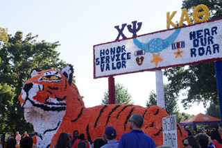 Spectators observe a tiger float.