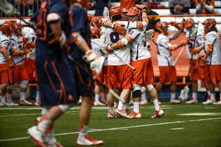 Syracuse celebrates a goal. The Orange scored the first seven.